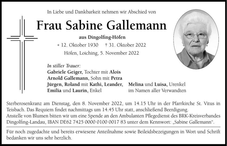 Traueranzeige Sabine Gallemann