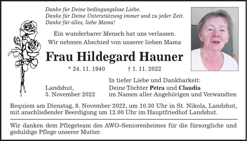 Traueranzeige Hildegard Hauner