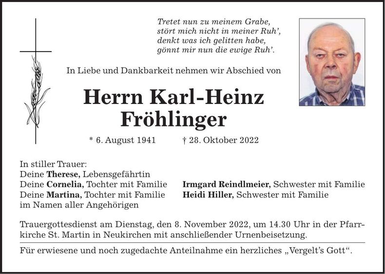 Traueranzeige Karl-Heinz Fröhlinger