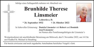 Traueranzeige Brunhilde Therese Linsmeier