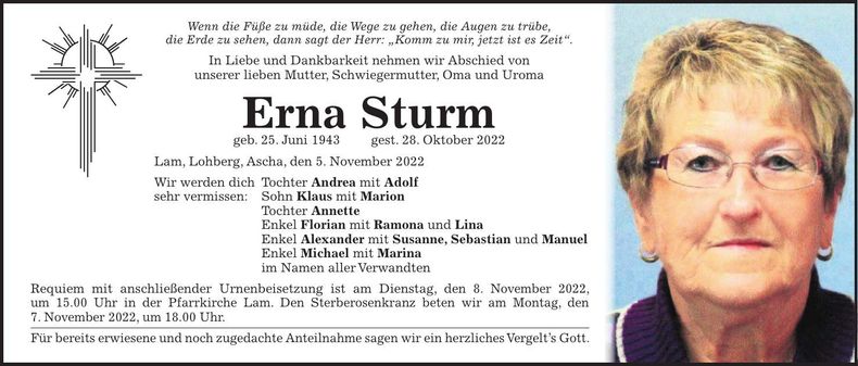 Traueranzeige Erna Sturm
