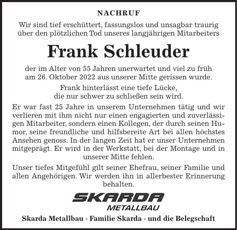 Traueranzeige Frank Schleuder