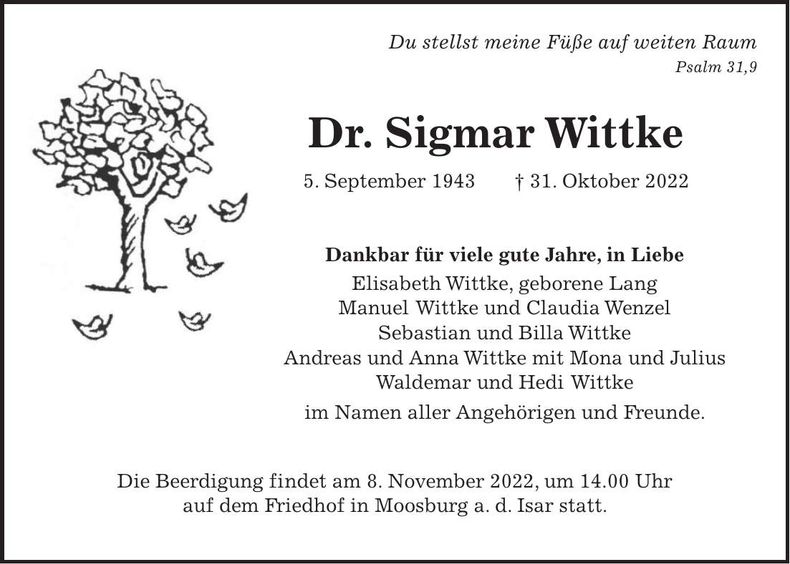 Traueranzeige Sigmar Wittke
