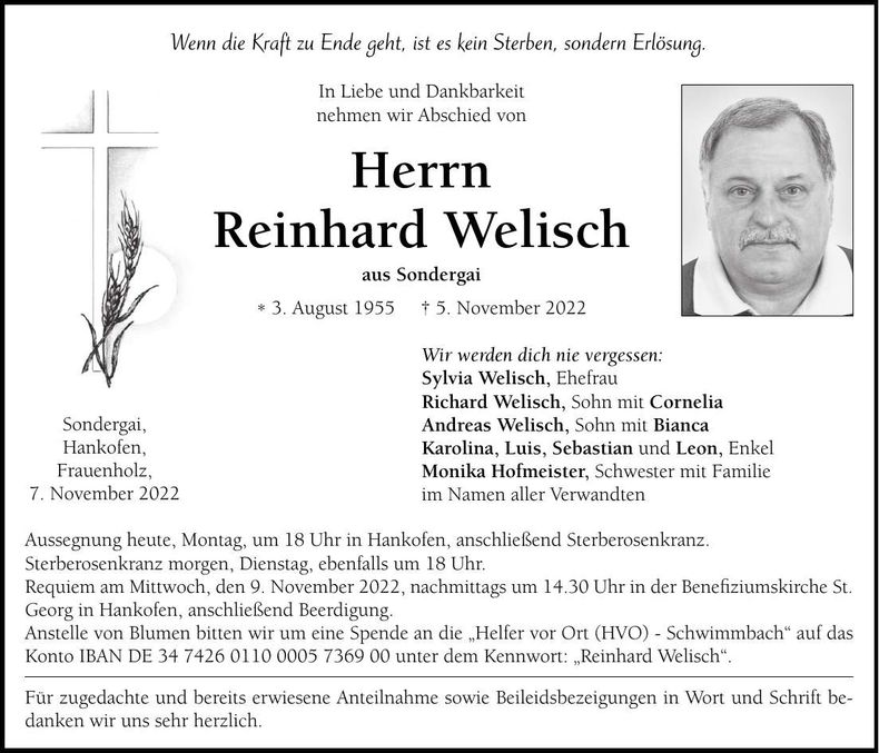 Traueranzeige Reinhard Welisch