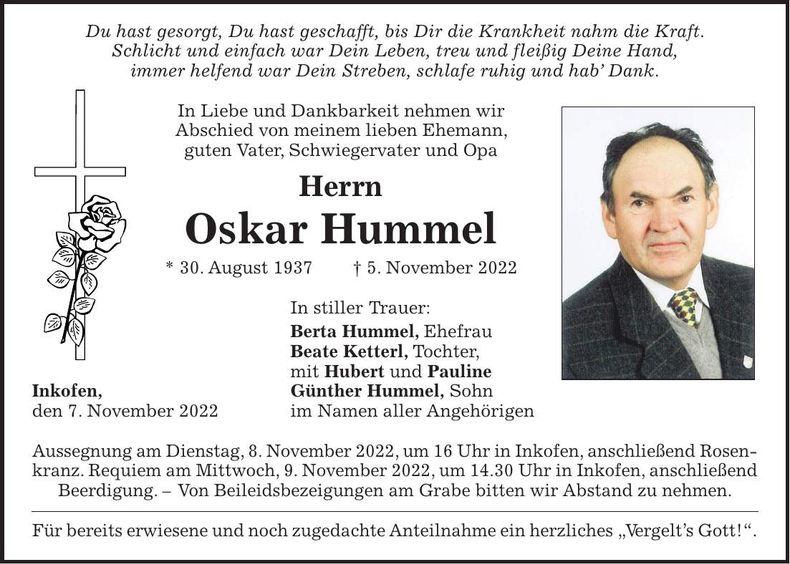 Traueranzeige Oskar Hummel
