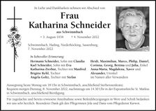 Traueranzeige Katharina Schneider