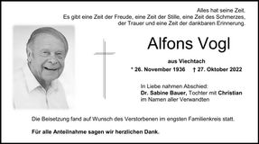 Traueranzeige Alfons Vogl