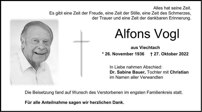 Traueranzeige Alfons Vogl
