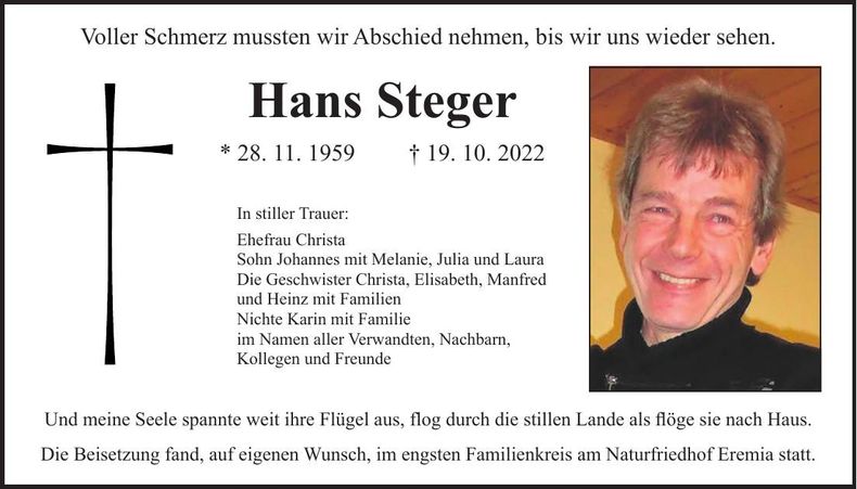 Traueranzeige Hans Steger