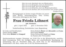 Traueranzeige Frieda Löhnert