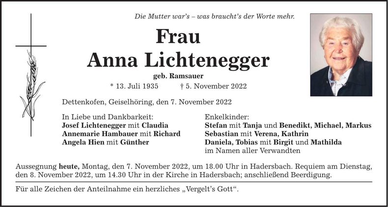 Traueranzeige Anna Lichtenegger