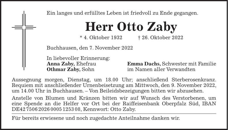 Traueranzeige Otto Zaby