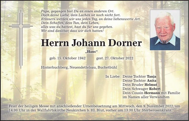 Traueranzeige Johann Dorner