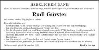 Traueranzeige Rudi Gürster