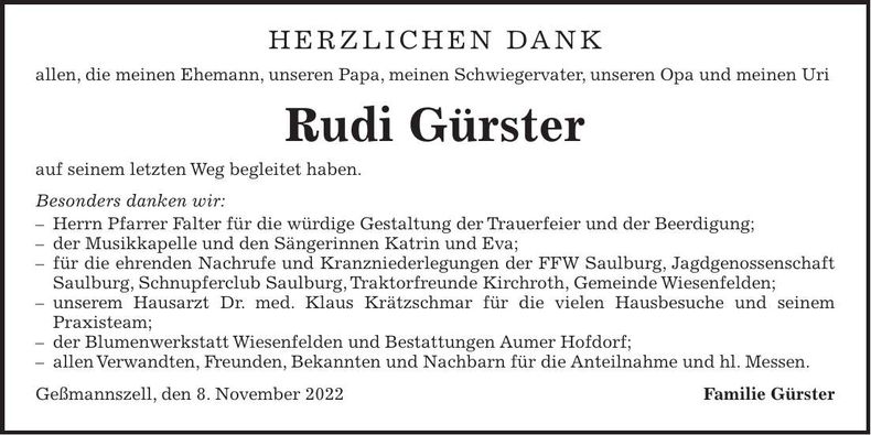 Traueranzeige Rudi Gürster