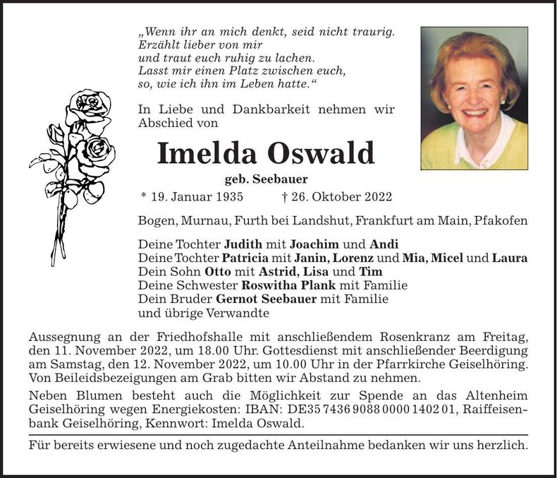 Traueranzeige Imelda Oswald