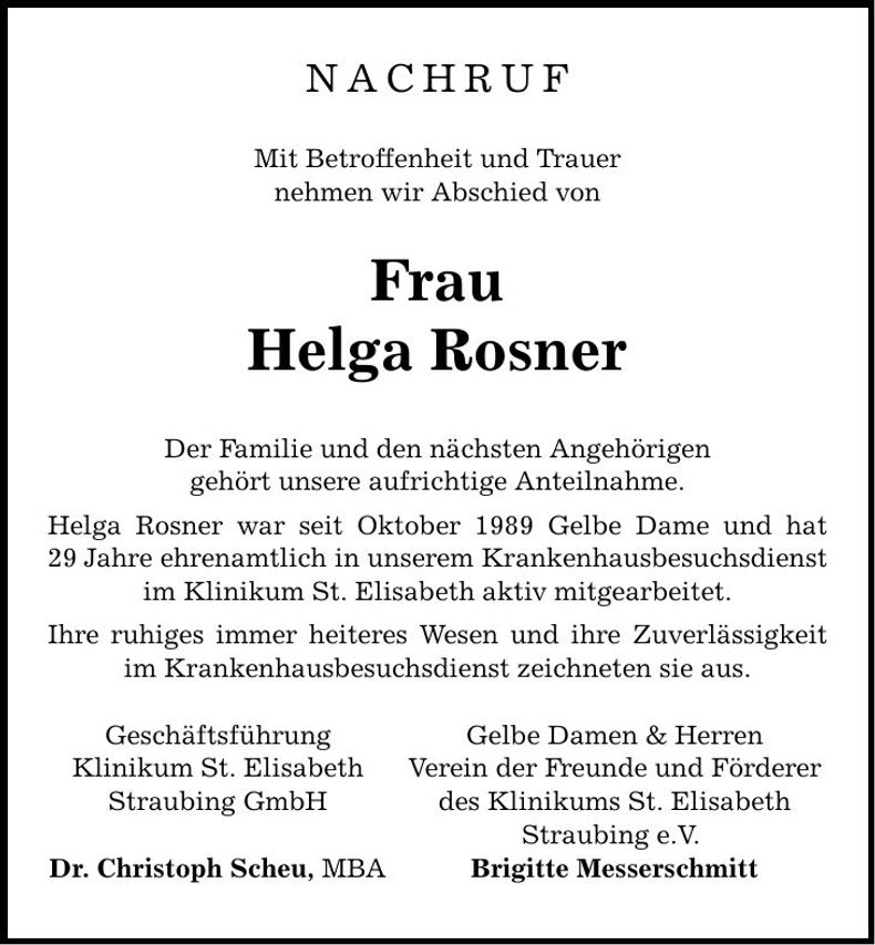 Traueranzeige Helga Rosner
