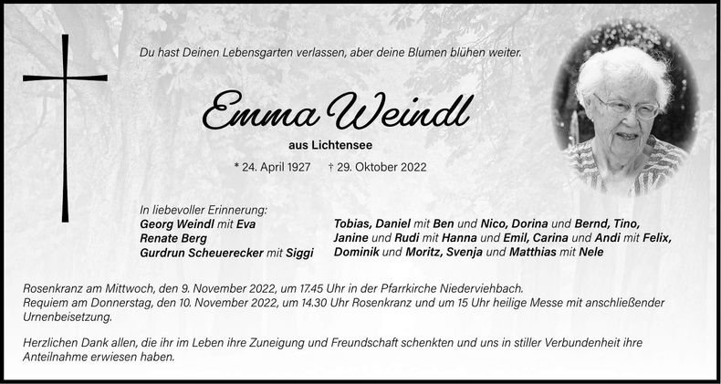 Traueranzeige Emma Weindl