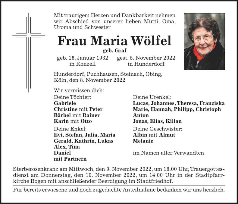 Traueranzeige Wölfel Maria