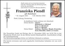 Traueranzeige Franziska Piendl