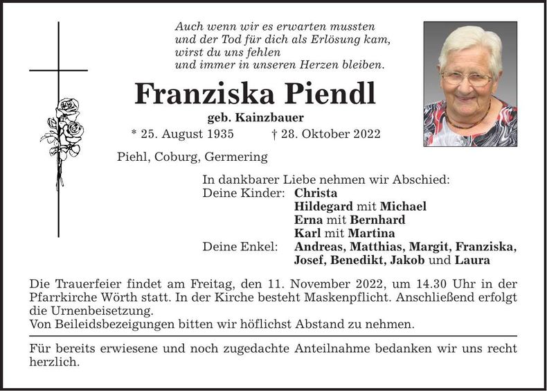 Traueranzeige Franziska Piendl