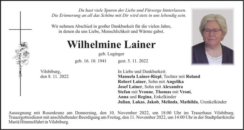 Traueranzeige Wilhelmine Lainer