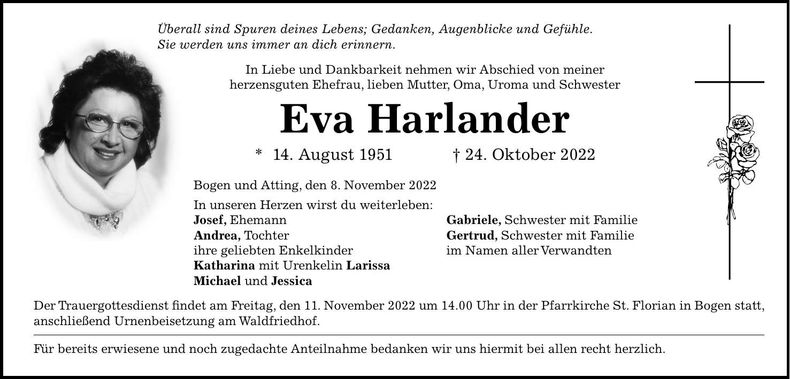 Traueranzeige Eva Harlander