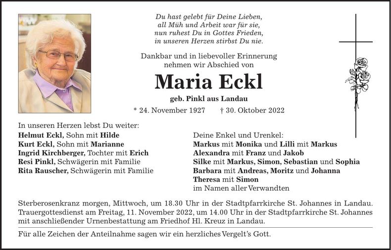 Traueranzeige Maria Eckl