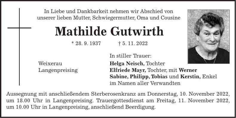 Traueranzeige Mathilde Gutwirth