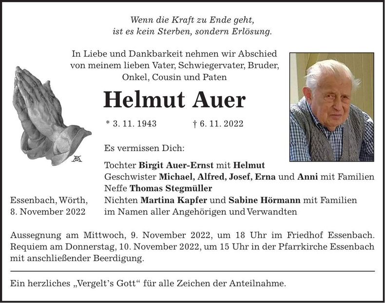 Traueranzeige Helmut Auer