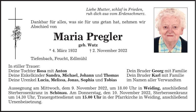 Traueranzeige Maria Pregler