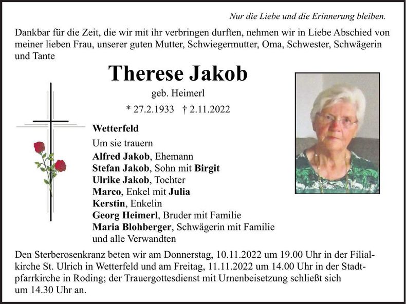 Traueranzeige Therese Jakob