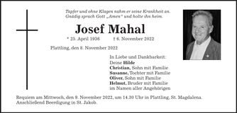 Traueranzeige Josef Mahal