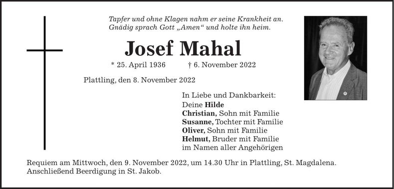 Traueranzeige Josef Mahal