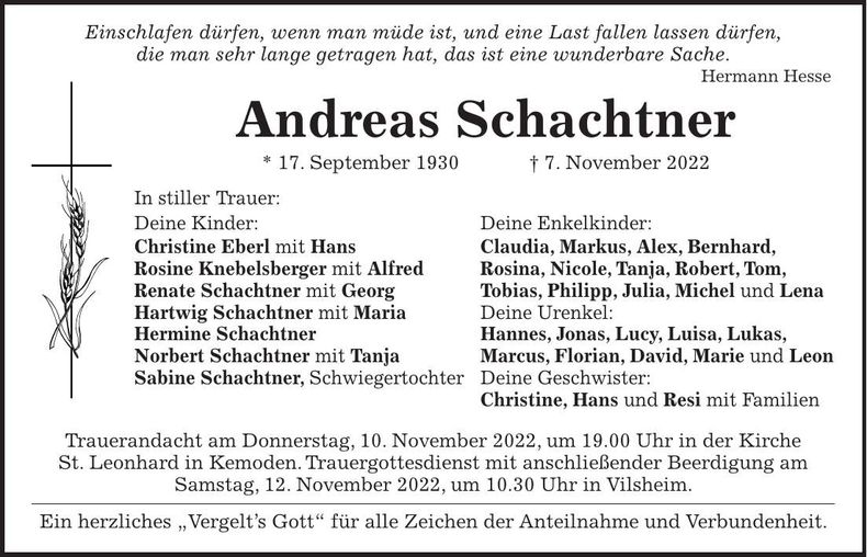 Traueranzeige Andreas Schachtner