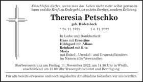 Traueranzeige Theresia Petschko