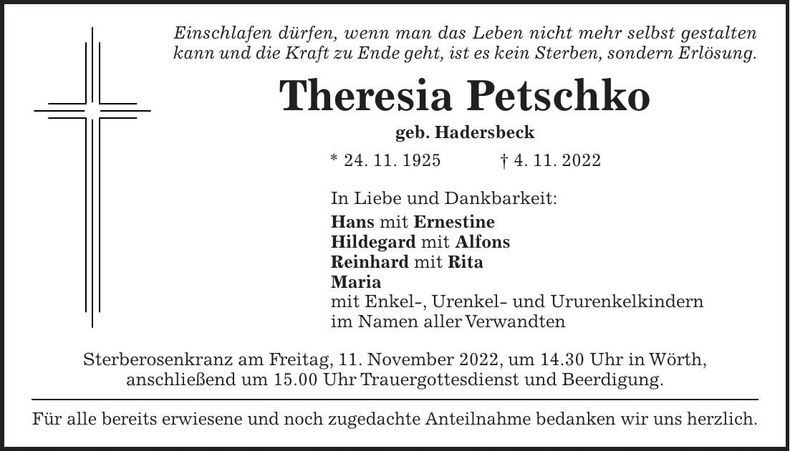 Traueranzeige Theresia Petschko