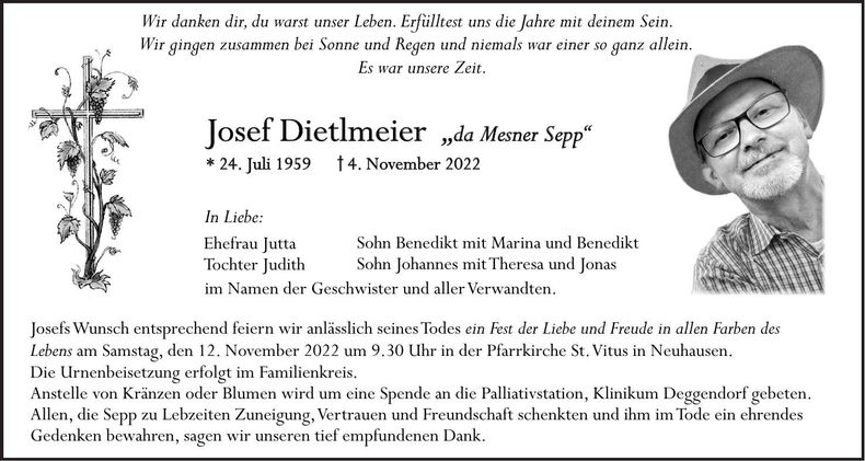 Traueranzeige Josef Dietlmeier