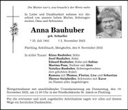 Traueranzeige Anna Bauhuber