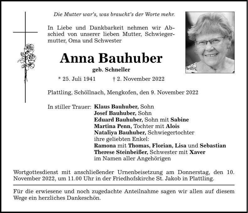 Traueranzeige Anna Bauhuber
