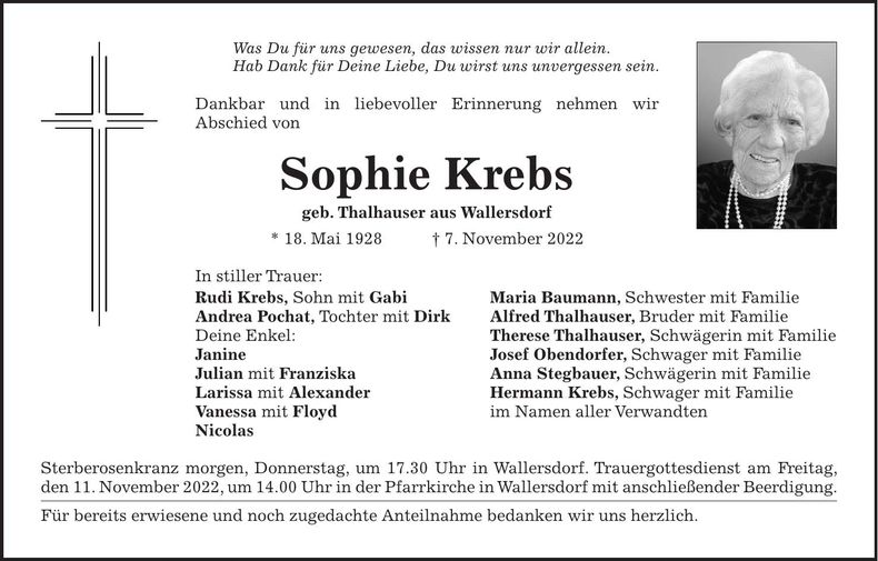 Traueranzeige Sophie Krebs