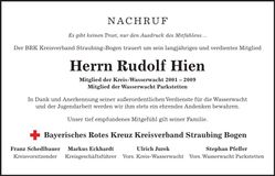Traueranzeige Rudolf Hien