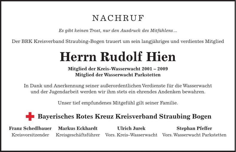 Traueranzeige Rudolf Hien