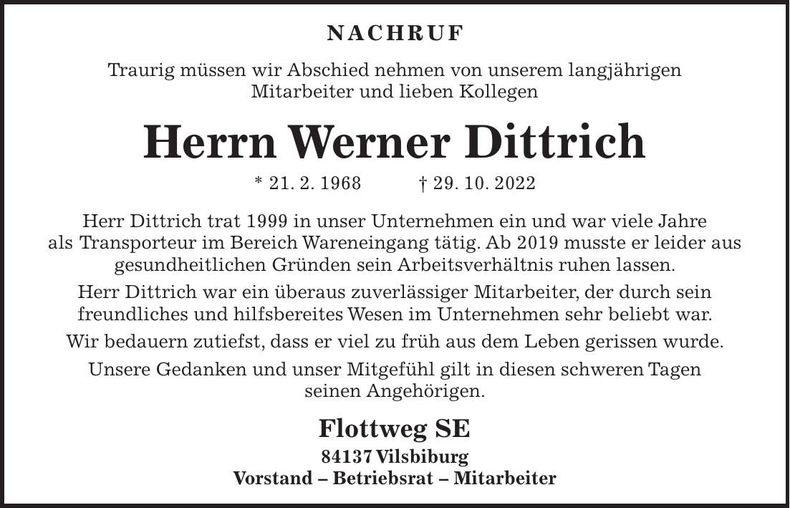 Traueranzeige Werner Dittrich