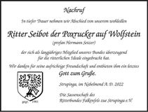 Traueranzeige Hermann Setzer Ritter Seibot der Poxrucker auf Wolfstein