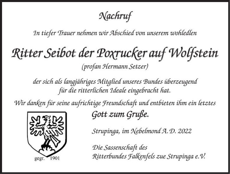 Traueranzeige Hermann Setzer Ritter Seibot der Poxrucker auf Wolfstein