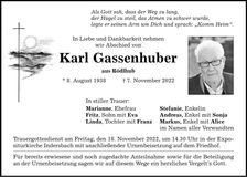 Traueranzeige Karl Gassenhuber