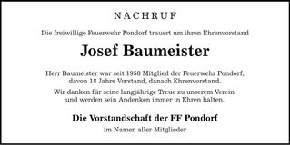 Traueranzeige Josef Baumeister