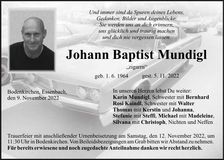 Traueranzeige Johann Baptist Mundigl