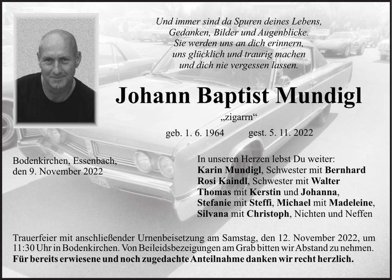Traueranzeige Johann Baptist Mundigl